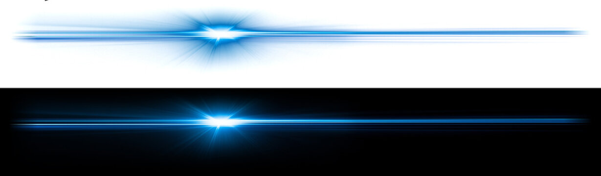 Lens flare high quality dual electric blue horizontal laser trails glowing with a vibrant neon center flash across parallel tracks with transparent background.