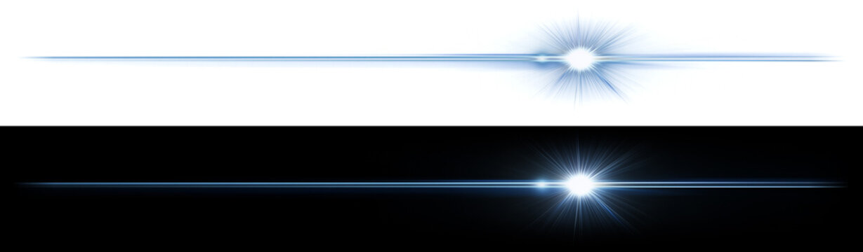 Lens flare high quality offset cinematic design highlighting dual silver-blue horizontal trails with starburst points positioned to the right with transparent background.