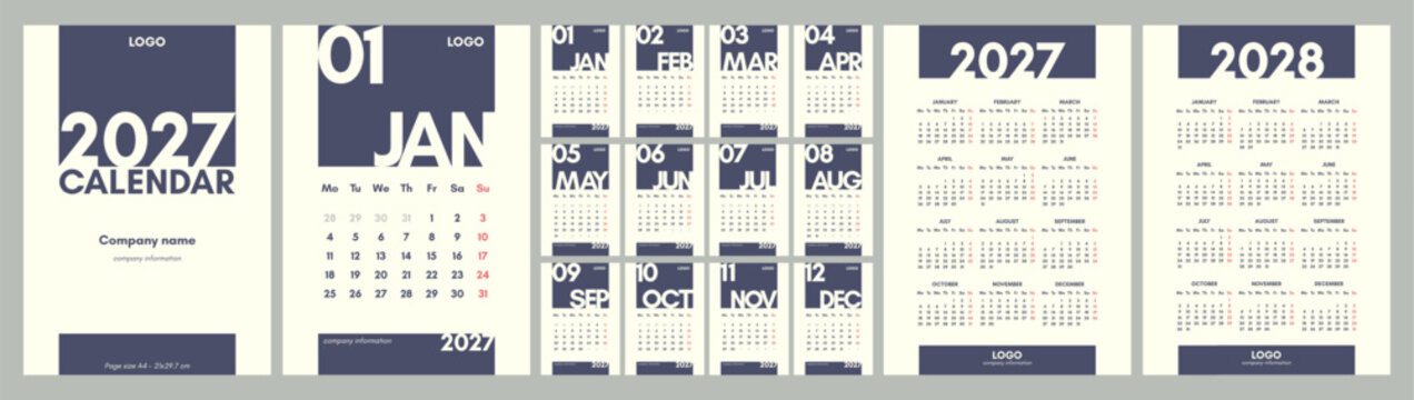 Monthly calendar for 2027. Vertical template, A4 format, English, week starts on Monday. Cover, 12 pages, 2027 and 2028 full calendar. Minimalistic graphics.
