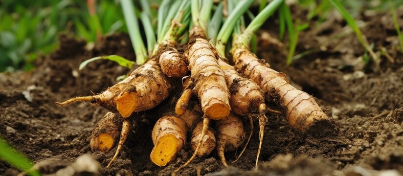 Freshly harvested organic turmeric rhizomes with vibrant orange interior and green shoots on dark, fertile soil.