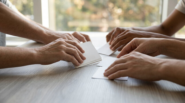 Multiple hands from different people shuffle small blank white card stock pieces across a grey table near a large bright window in natural light.