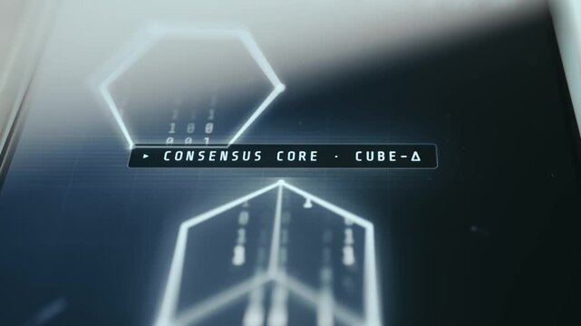 Glowing geometric cube and hexagonal shape featuring binary strings