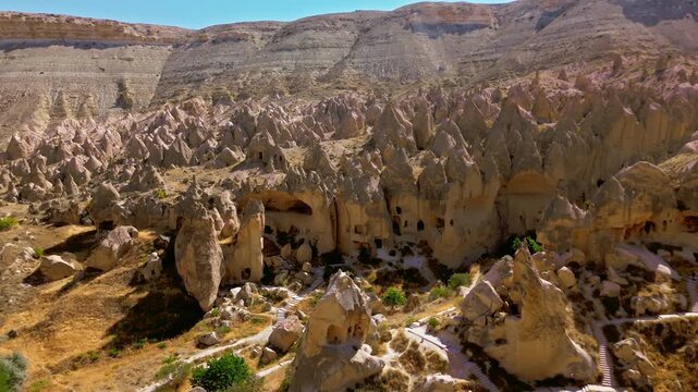 Drone view of Zelve Open Air Museum, Cappadocia, Turkey. Deep ravines, eroded rock formations and carved caves show the area&rsquo;s dramatic natural and historic character.