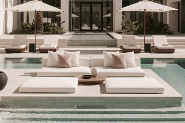 Fototapeta premium Minimalist hotel pool design with white umbrellas. Luxury resort patio. Serene summer lounge. Minimalist hotel pool design. Luxury resort patio. Serene summer lounge.
