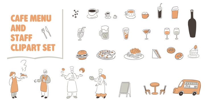 Cafe Menu & Staff Set | Coffee, Drinks, Food, Food Truck and Restaurant Elements Vector Collection_Soft Apricot and Gray	
