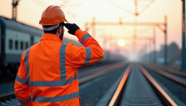 Railway worker in orange hi-vis jacket and hard hat salutes at sunrise. He inspects tracks near a train. Safety and job are important on transport infrastructure.