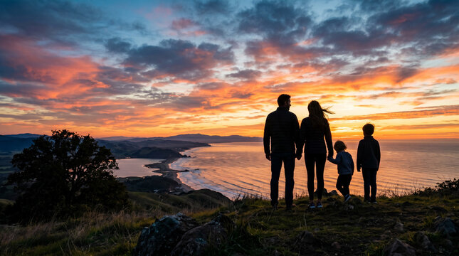 Family of four standing together on a grassy hilltop and watching a dramatic sunset over a coastal bay, with layered mountains, winding shoreline, and glowing ocean beneath colorful clouds