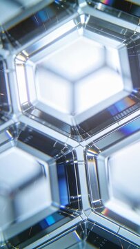 Vertical video: Drifting cam showing hex cells in studio macro, moving lights causing prism glints