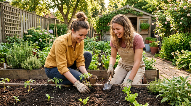 Two women joyfully planting seedlings in a raised bed in a charming backyard cottage garden surrounded by herbs, lavender, and potted plants on a bright spring afternoon.