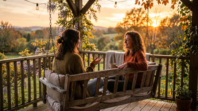 Two women in autumn knitwear chatting and laughing on a wooden porch swing at golden hour, with foliage, string lights, and a countryside view, ideal for friendship lifestyle content.