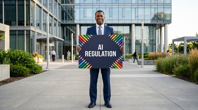 Man holds a colorful AI regulation sign while standing on a modern office walkway, presenting technology governance and compliance themes in a corporate campus setting.