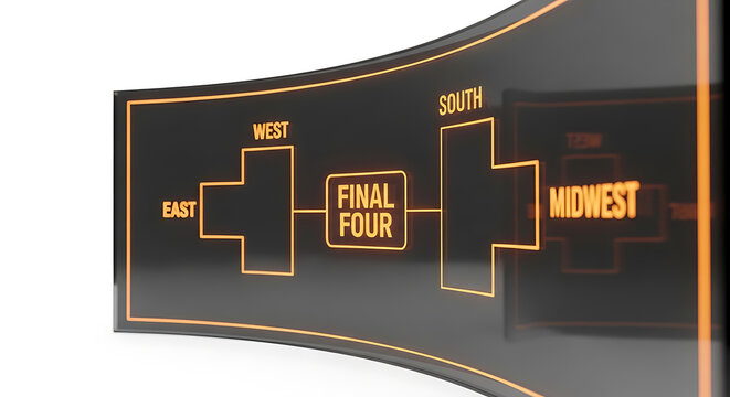 Glowing orange digital bracket display showing the final four tournament schedule on a curved dark glass screen background