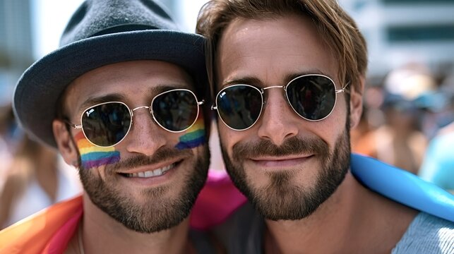 Two smiling men, painted with rainbow colors and wearing sunglasses, standing close while enjoying a vibrant outdoor pride parade celebrating love and equality