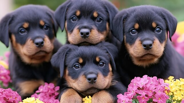 Four adorable rottweiler puppies sitting together outdoors, nestled in vibrant pink and yellow flowers, representing innocence, new life, and the joyful beauty of nature