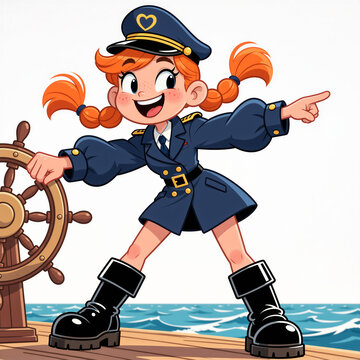 Optimistic youthful girl captain in exaggerated navy outfit leans forward, steering with confidence on a white background, exuding joy and adventure.