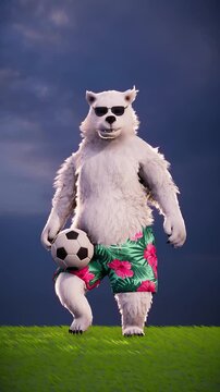 A funny polar bear juggles a soccer ball on a football field - 3D animation