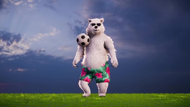 A funny polar bear juggles a soccer ball on a football field - 3D animation
