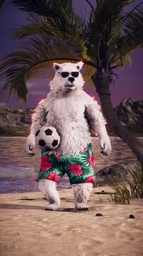 Summer Vocation. Funny Polar Bear Juggling Soccer Ball on Tropical Beach at Sunset - 3D Animation