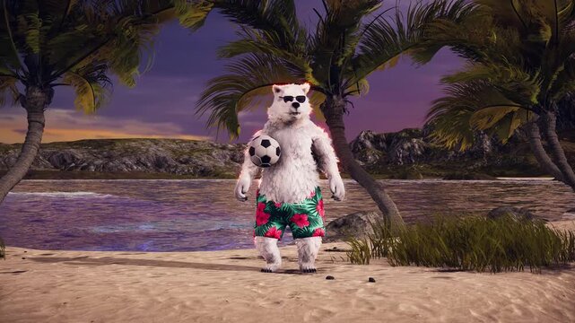 Summer Vocation. Funny Polar Bear Juggling Soccer Ball on Tropical Beach at Sunset - 3D Animation
