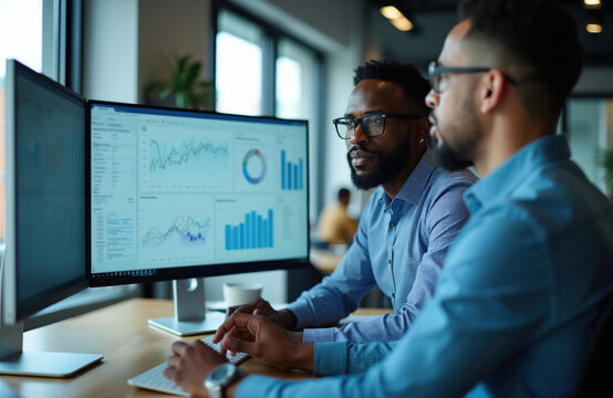 Two men analyze business data on computer screens. Diverse team collaborates on financial report, discussing analytics and charts. Professionals work together at office desk.