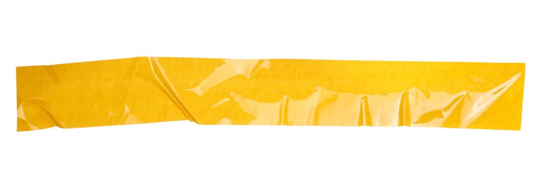 Yellow adhesive repair tape line isolated on white background, top view, design element