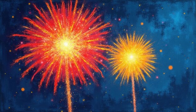 Bright crayon art shows big red and yellow fireworks exploding in dark night sky. Festive aerial display sparks and glitters with many small lights and stars, celebrating independence day joy.