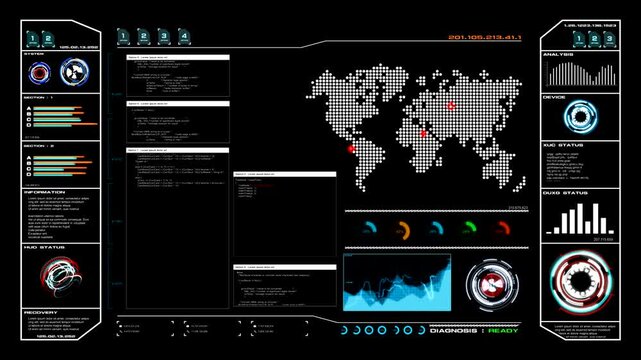Futuristic digital interface HUD motion background with global data tracking analytics