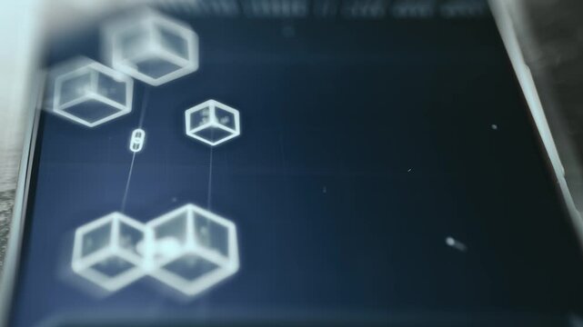Wireframe cubes with a glowing effect representing blockchain technology