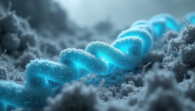 Microscopic view of spiral bacteria cells. Treponema pallidum structure in blue glowing detail. Scientific research on infectious disease and microbiology.
