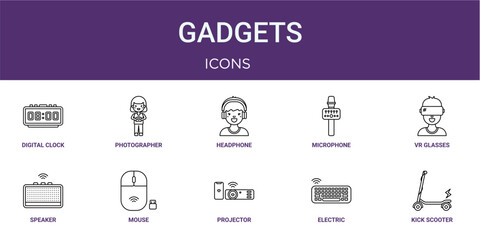 Set of 10 linear Gadgets icons for interface projects, presentations and web graphics. Outline symbol collection with photographer, microphone, speaker, projector and electric keyboard.
