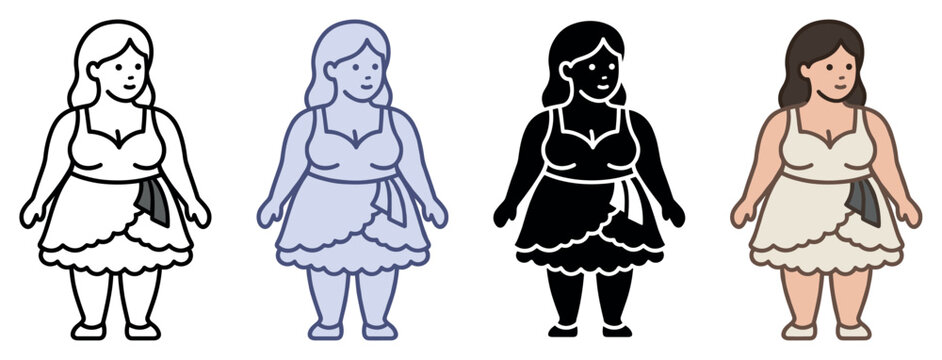 Plus size woman icons set. Body positivity and diversity concept. Includes full figure woman, curvy body, short dress, long hair, smiling face, happy expression. Flat, line, solid, and color