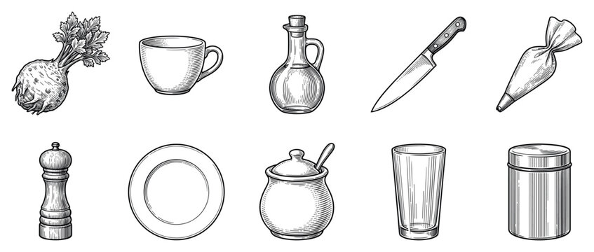 Kitchen utensils icons set. Cooking and food preparation concept. Includes celeriac, cup, olive oil bottle, chef knife, piping bag, pepper mill, plate, sugar bowl, glass, jar. Hand-drawn
