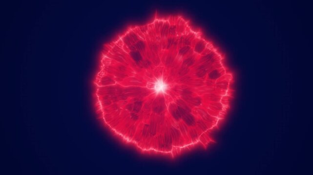 Bright red glowing plasma bloom with organic petal shapes and radiant core on a dark blue background