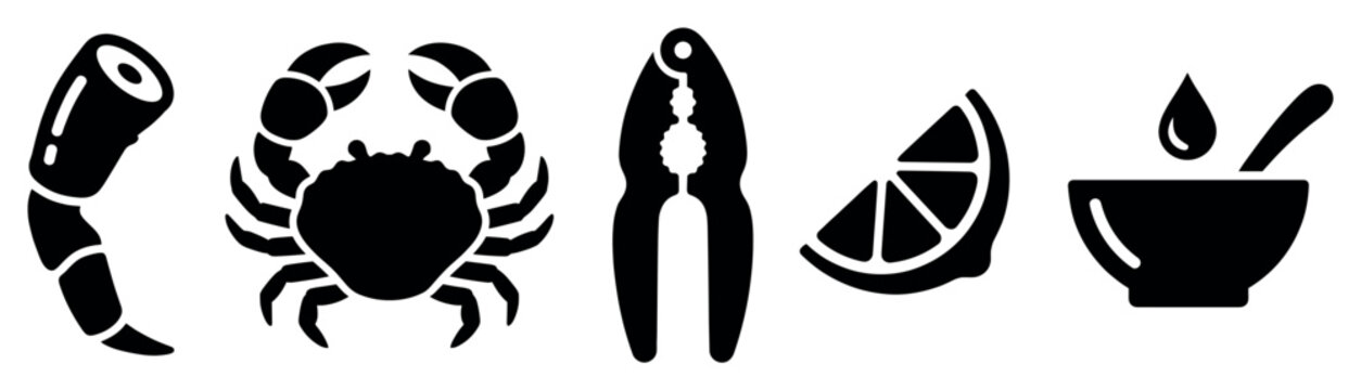 Seafood icons set. Delicious crab and lobster meal concept. Includes lobster tail, crab, nutcracker, lemon slice, sauce bowl with spoon. Solid black silhouette style
