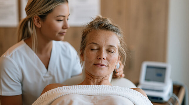 Physical therapist guiding a client through a facial muscle recovery exercise using microcurrent wand technology in a wellness clinic, both seated at a treatment station, clinical