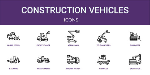 Set of 10 linear Construction Vehicles icons for interface projects, presentations and web graphics. Outline symbol collection with front loader, telehandlers, backhoe, cherry picker and crawler © Icon World