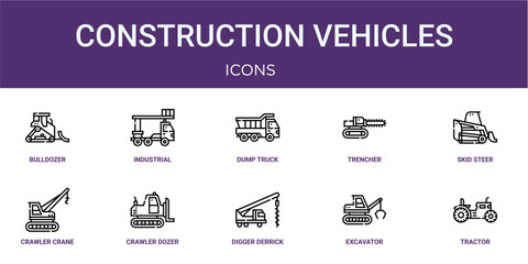 Set of 10 linear Construction Vehicles icons for interface projects, presentations and web graphics. Outline symbol collection with industrial elevator, trencher, crawler crane, digger derrick and © Icon World