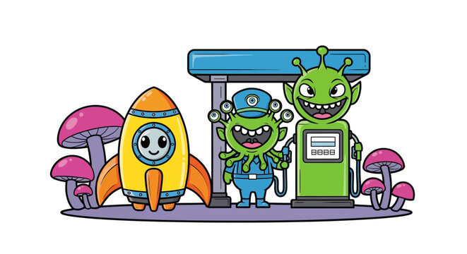 Funny cartoon aliens and rocket ship at a gas station with giant mushrooms, imaginative sci-fi scene