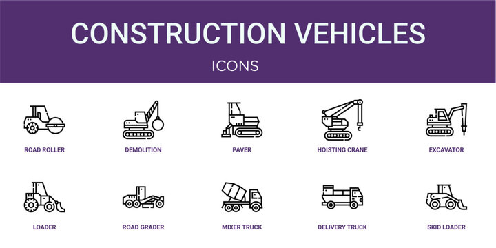 Set of 10 linear Construction Vehicles icons for interface projects, presentations and web graphics. Outline symbol collection with demolition crane, hoisting crane, loader, mixer truck and delivery