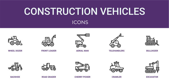 Set of 10 linear Construction Vehicles icons for interface projects, presentations and web graphics. Outline symbol collection with front loader, telehandlers, backhoe, cherry picker and crawler