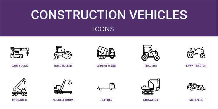 Set of 10 linear Construction Vehicles icons for interface projects, presentations and web graphics. Outline symbol collection with road roller, tractor, hydraulic crane, flat bed truck and