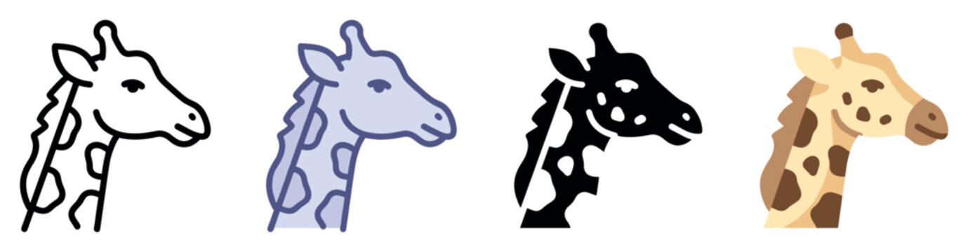 Giraffe head icons set. African wildlife and safari concept. Includes outline giraffe head, colored outline giraffe head, solid black giraffe head, flat color giraffe head. Flat and line