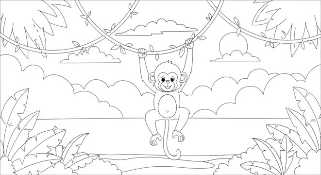 Cute cartoon monkey hanging on a vine in the jungle, outline illustration for coloring book, fun animal character