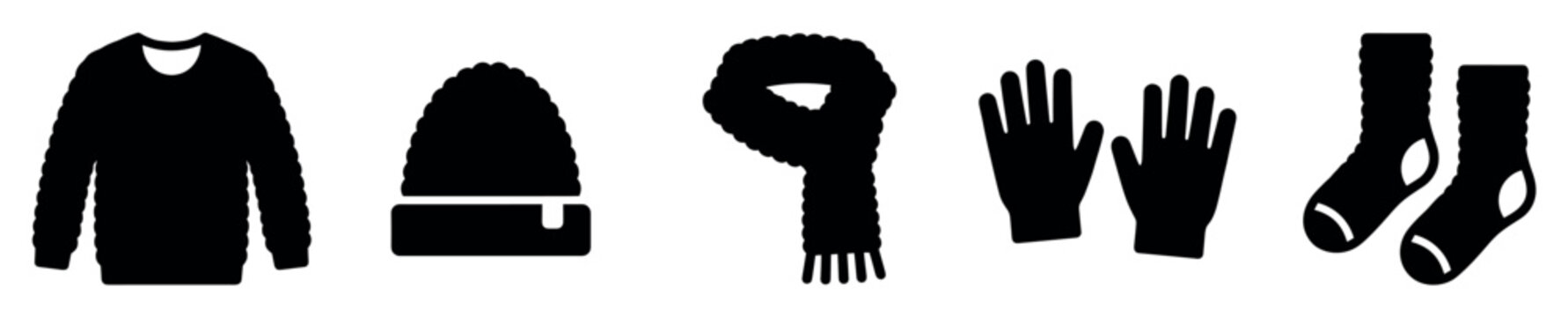 Winter clothing icons set. Cold weather apparel concept. Includes sweater, knit hat, scarf, gloves, and socks. Solid black silhouette style