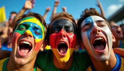 Obraz premium Fans with painted faces cheer loudly. People celebrate victory at sports event. Team supporters shout, wear country colors, express joy during game.