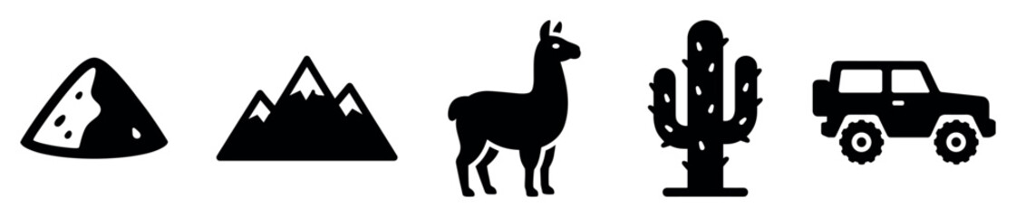 Obraz premium Adventure travel icons set. Outdoor exploration and desert journey concept. Includes sand dune, mountain, llama, cactus, off-road vehicle. Solid black silhouette style