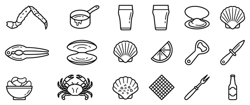 Seafood and beer icons set. Delicious meal and beverage concept. Includes crab leg, butter sauce, beer glass, oyster, clam, lemon, bottle opener, oyster knife. Line style