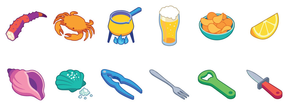 Seafood feast icons set. Delicious crab and shellfish dinner concept. Includes crab leg, whole crab, butter pot, beer glass, chips bowl, lemon wedge, conch shell, scallop, nutcracker, fork,