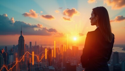 Fototapeta premium Business woman looks at financial charts over city skyline at sunset. Corporate future success planning and investment growth analytics. Urban city strategy planning.