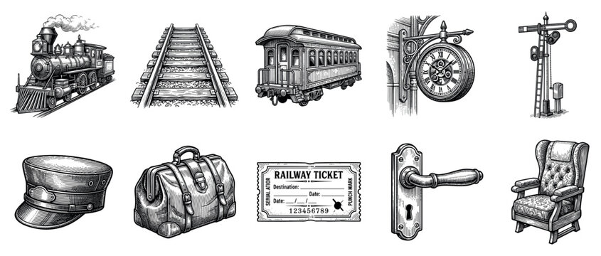 Railway travel icons set. Vintage train journey concept. Includes steam locomotive, railroad tracks, passenger carriage, station clock, railway signal, conductor hat, travel bag, railway